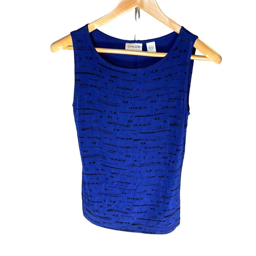 Chicos Travelers Blue Black Sleeveless Stretch Knit Shell Top Sz S